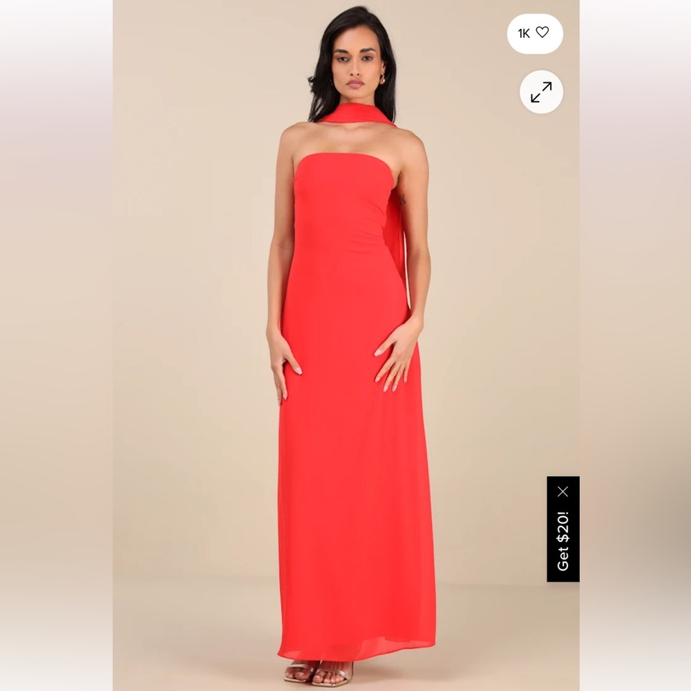 Lulus Rawya Strapless Maxi Evening Gown with Neck Scarf Red Size Small